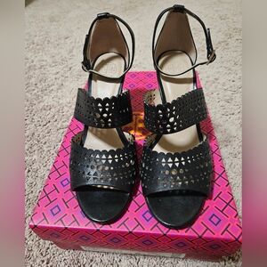 Tory Burch Black Leather Perforated Gladiator Wedge Heels Size 6.5